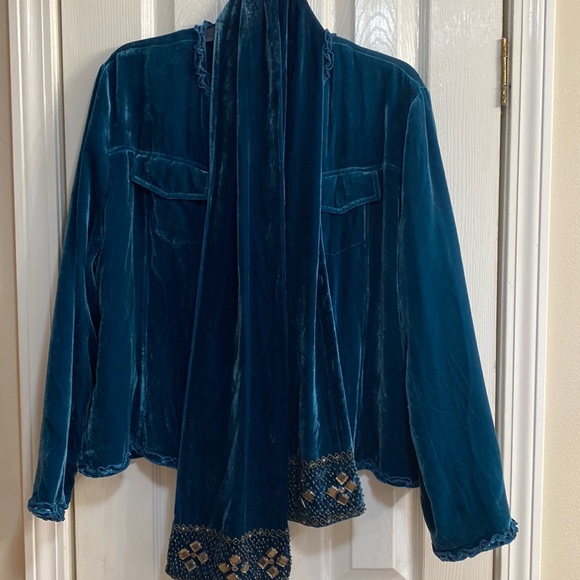 Chicos Velvet Dark Teal Open Front Jacket w/ Matching Scarf Size 2(L/12) - Picture 1 of 11